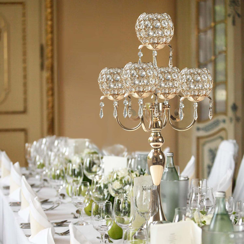 Set of 4 Candlesticks 5 Arm Crystal Strap Pendant Gold Table Decor Candelabra, 22.5 inches Elegant Dining Room Centerpieces for Holiday Parties Weddings (4, Gold)