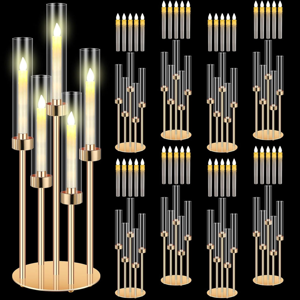 Tandefio 8 Set Gold Candelabra Centerpieces for Tables, 26.8 Inch 5 Arm Candle Holders with LED Candles and Acrylic Cylinders, Tall Acrylic Wedding Table Centerpieces for Reception Dinner Party Decor