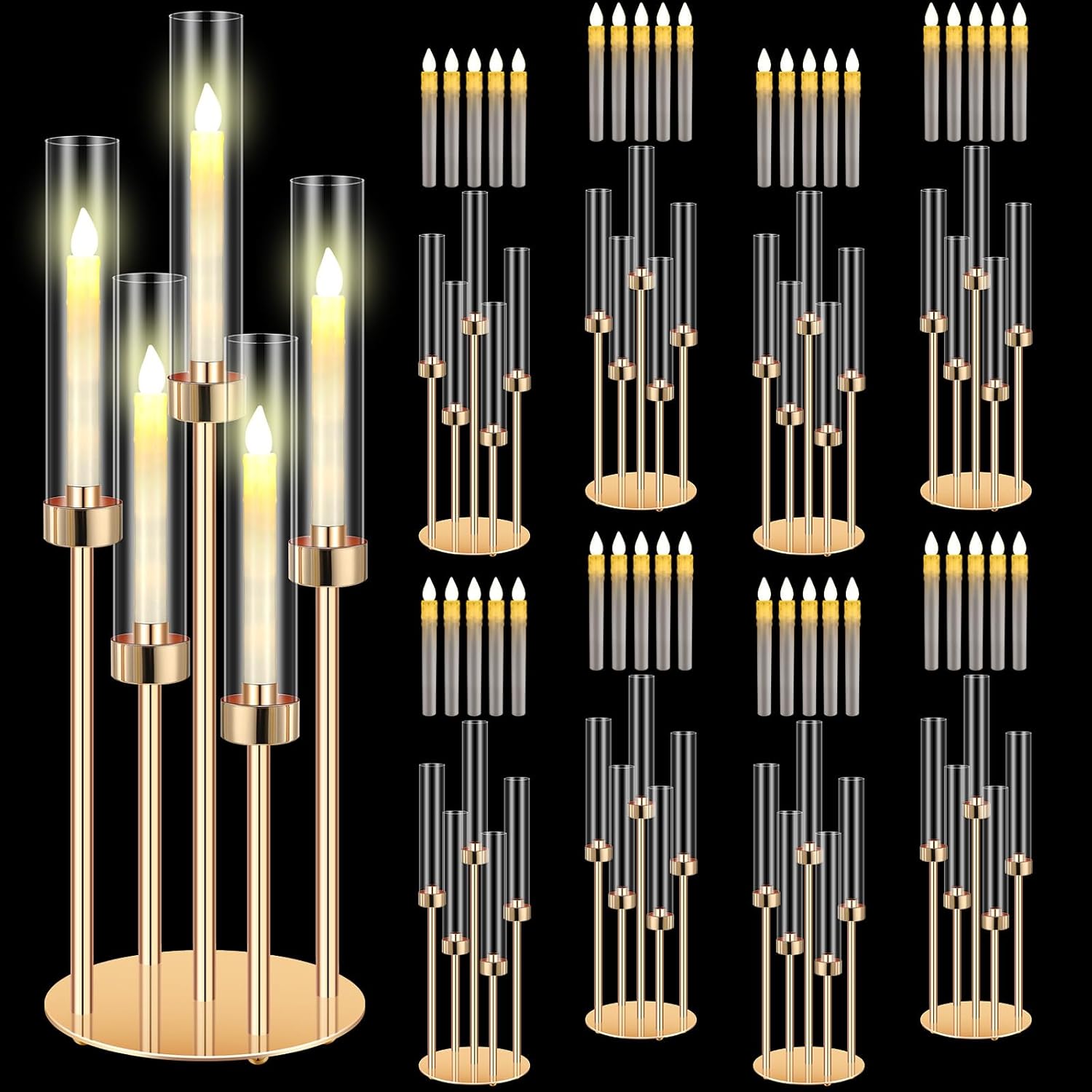 Tandefio 8 Set Gold Candelabra Centerpieces for Tables, 26.8 Inch 5 Arm Candle Holders with LED Candles and Acrylic Cylinders, Tall Acrylic Wedding Table Centerpieces for Reception Dinner Party Decor