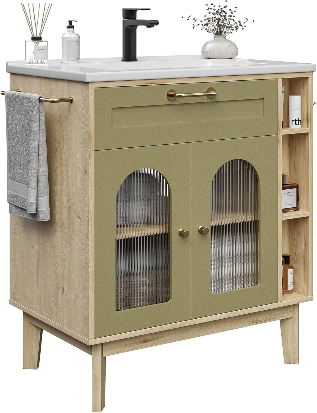 LIKIMIO 30 inch Bathroom Vanity with Sink, Bathroom Vanities Cabinet with Ceramic Sink, Arched Glass Door Storage with Adjustable Shelf, Solid Wood Legs, Towel Bar & Toilet Paper Holder