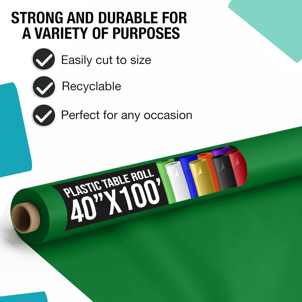 Exquisite Party Solids Emerald Green Plastic Table Cover Roll Pack of 6, 40' X 100' Table Cloth Plastic Cover Roll - Premium Quality Thick 0.5 MIL Banquet Rolls - Disposable Tablecloth Rolls