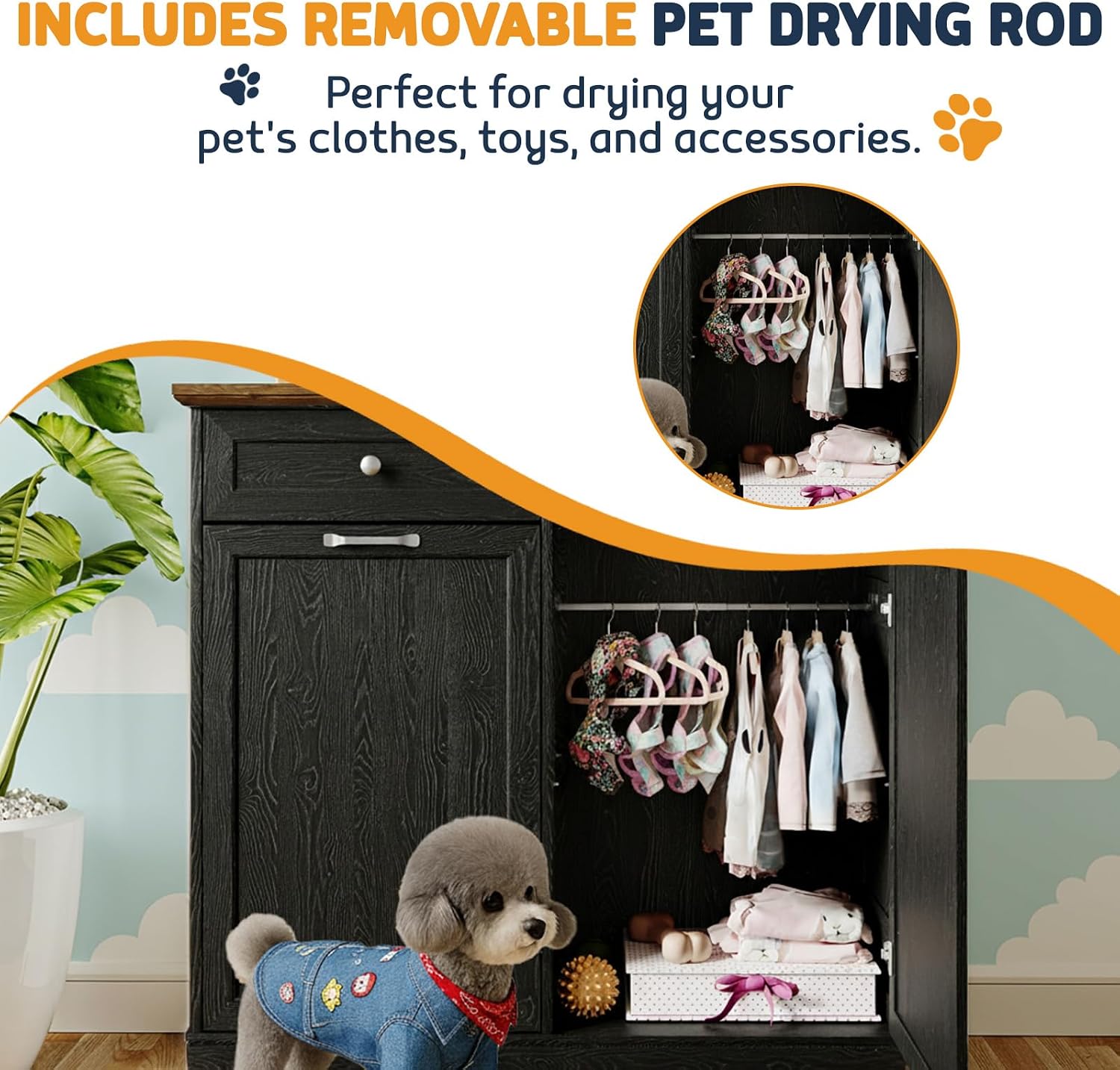Double Door Dog Feeding Station with Storage, 10 Gallons Tilt Out Trash Can Cabinet, Dog Food Cabinet with 4 pcs Dog Bowl for Kitchen/Living Room (Black, Double Door)