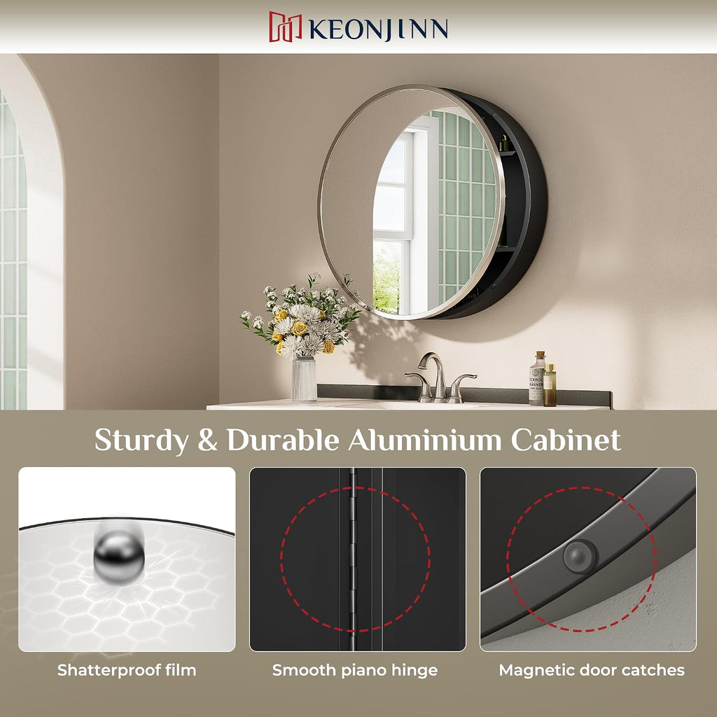 Keonjinn Round Brushed Nickel Medicine Cabinet Mirror for Bathroom, 26 Inch Surface Mount Medicine Cabinet with Mirror, Circular Framed Mirrored Medicine Cabinets, Modern Cabinet with Vanity Mirror