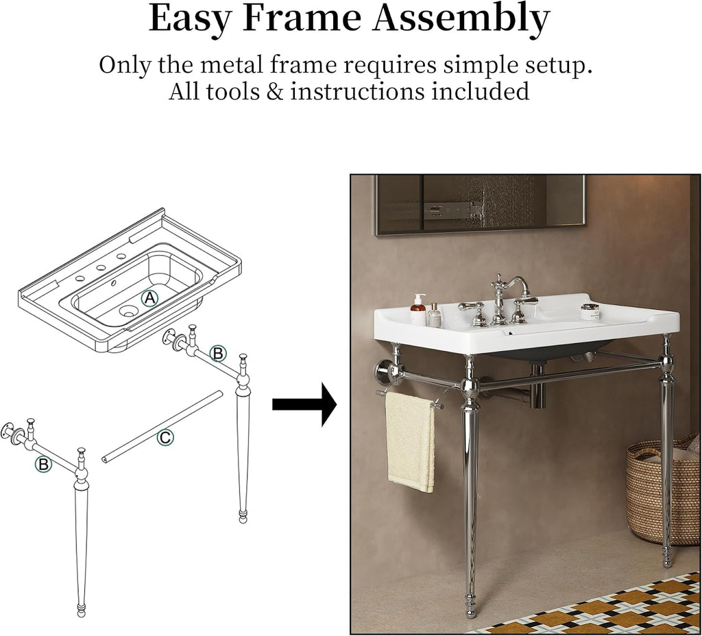 Yayzy 36' Bathroom Vanity with White Ceramic Sink, Wall-Mounted Console Style, Silver-Finish Stainless Steel Legs & Towel Bar, 3 Faucet Holes, No Faucet