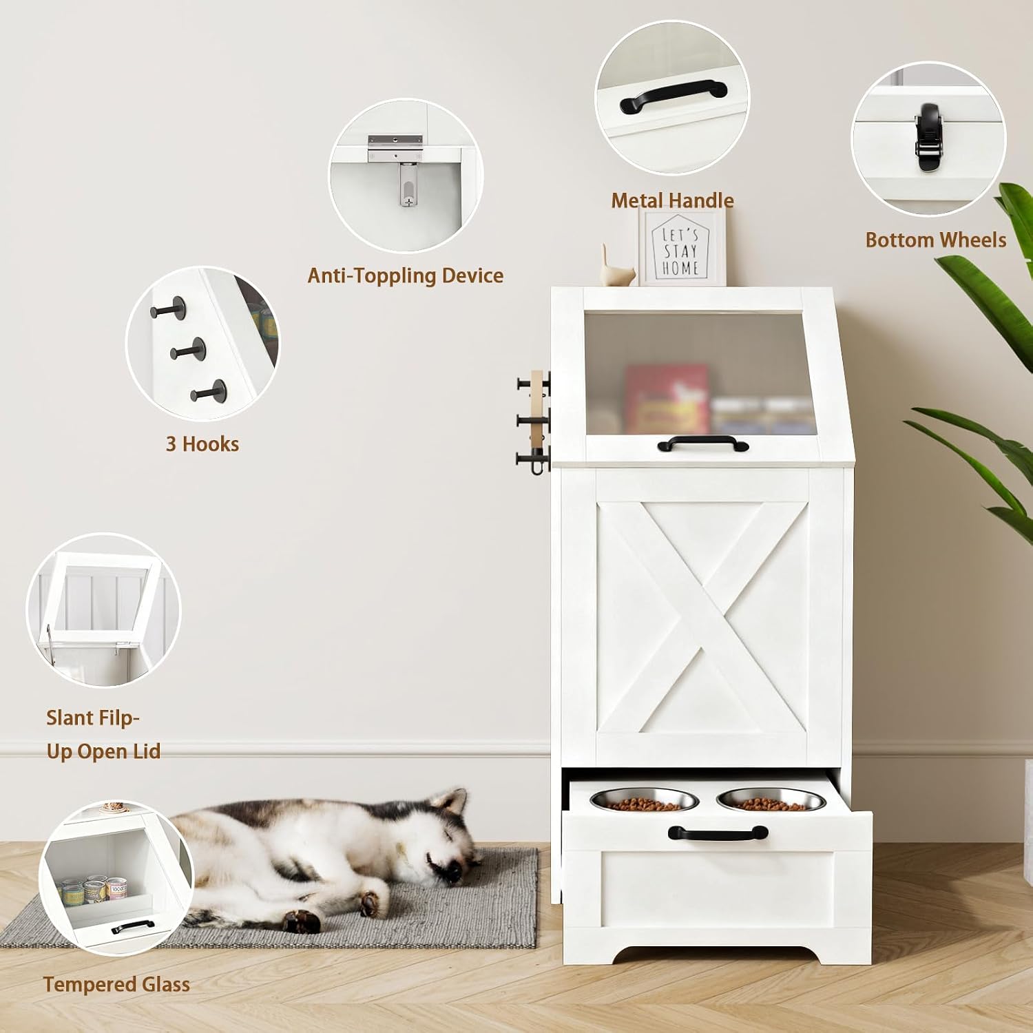Dog Feeding Station with Storage,Wooden Pet Food Storage Cabinet,Equipped with 2 High Footed Bowls and 3 Hooks,Top Glass Flip Cover,Anti Tipping Device (Dog Feeding Station-White)