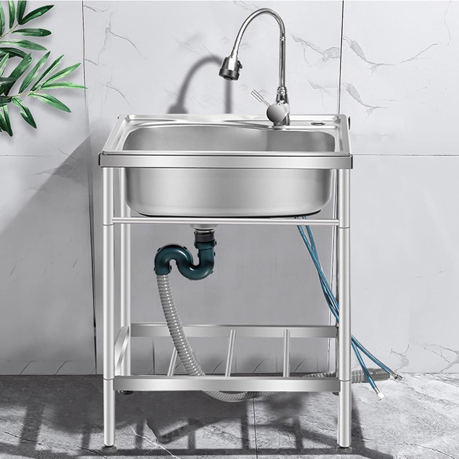 Commercial Stainless Steel Single Bowl Sink Freestanding Kitchen Sink with Faucet and Storage Shelves Restaurant Utility Sink Washing Hand Basin