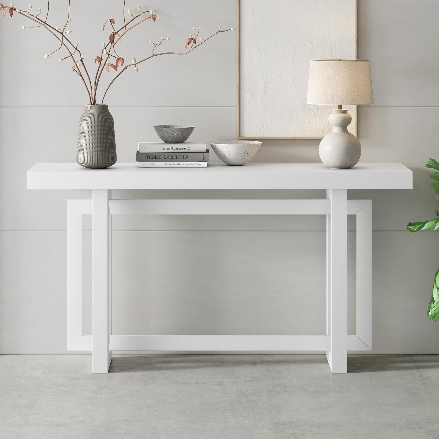 Merax Wood Entryway Console Table, Modern Line Frame with Industrial Concrete Top, for Living Room/Hallway/Foyer, White