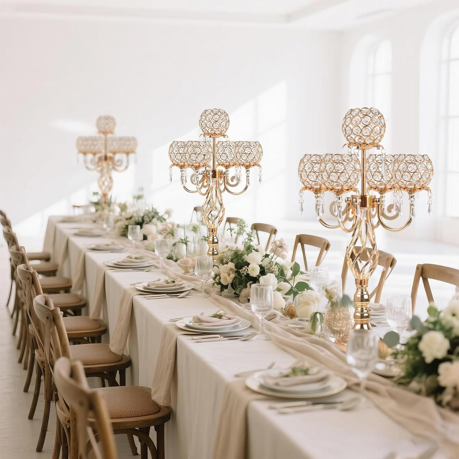 5-Arm Crystal Candelabra Centerpiece 23.2' Tall - Elegant Candle Holder Stand with Crystal Bowl, Chic Table Decor for Weddings, Parties, Anniversary & Home Decoration (4, Gold)