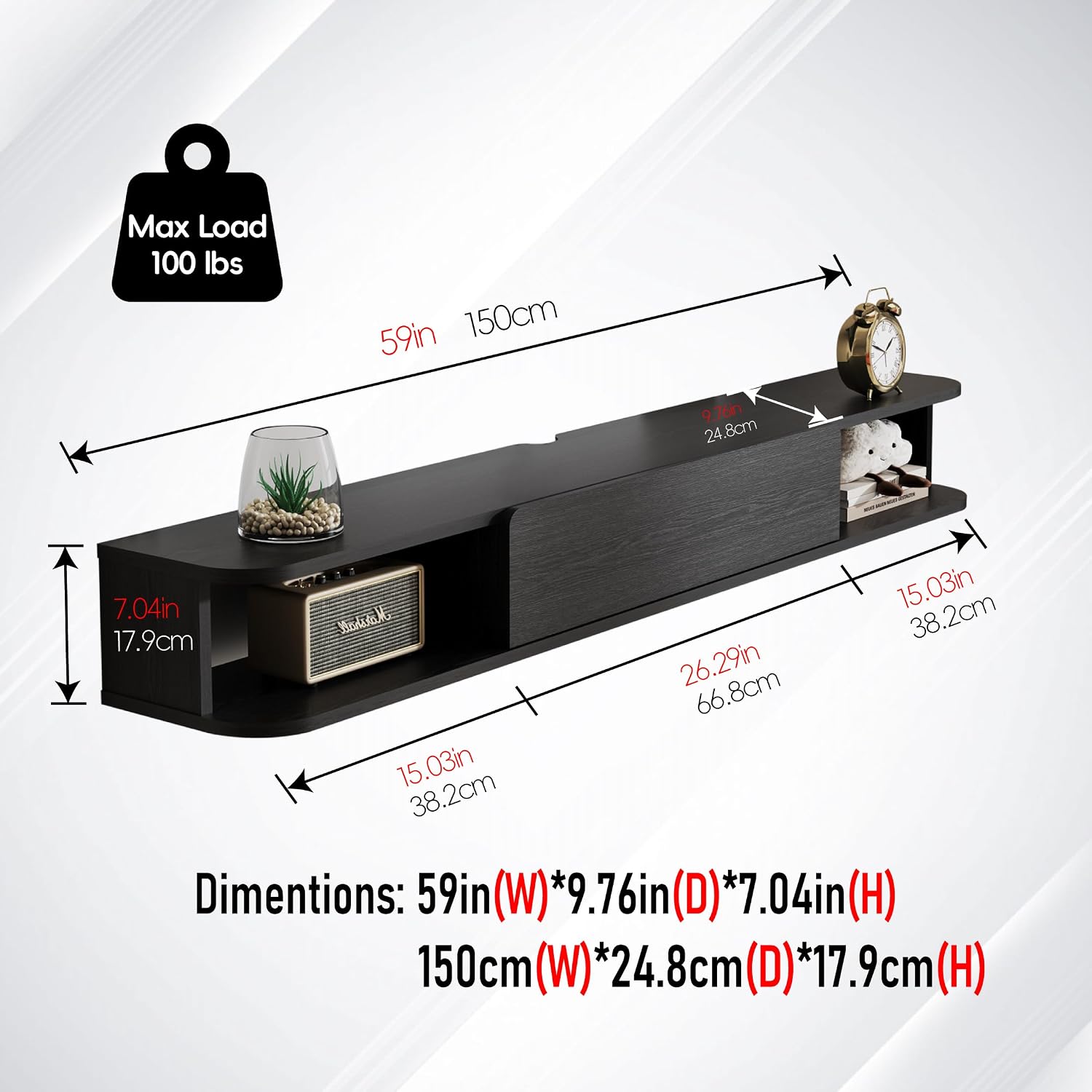 Pmnianhua Floating TV Stand with Drawer,59'' Wall-Mounted TV Cabinet,Floating TV Console,Under TV Entertainment Shelf with Storage for Bedroom Living Room(Black)