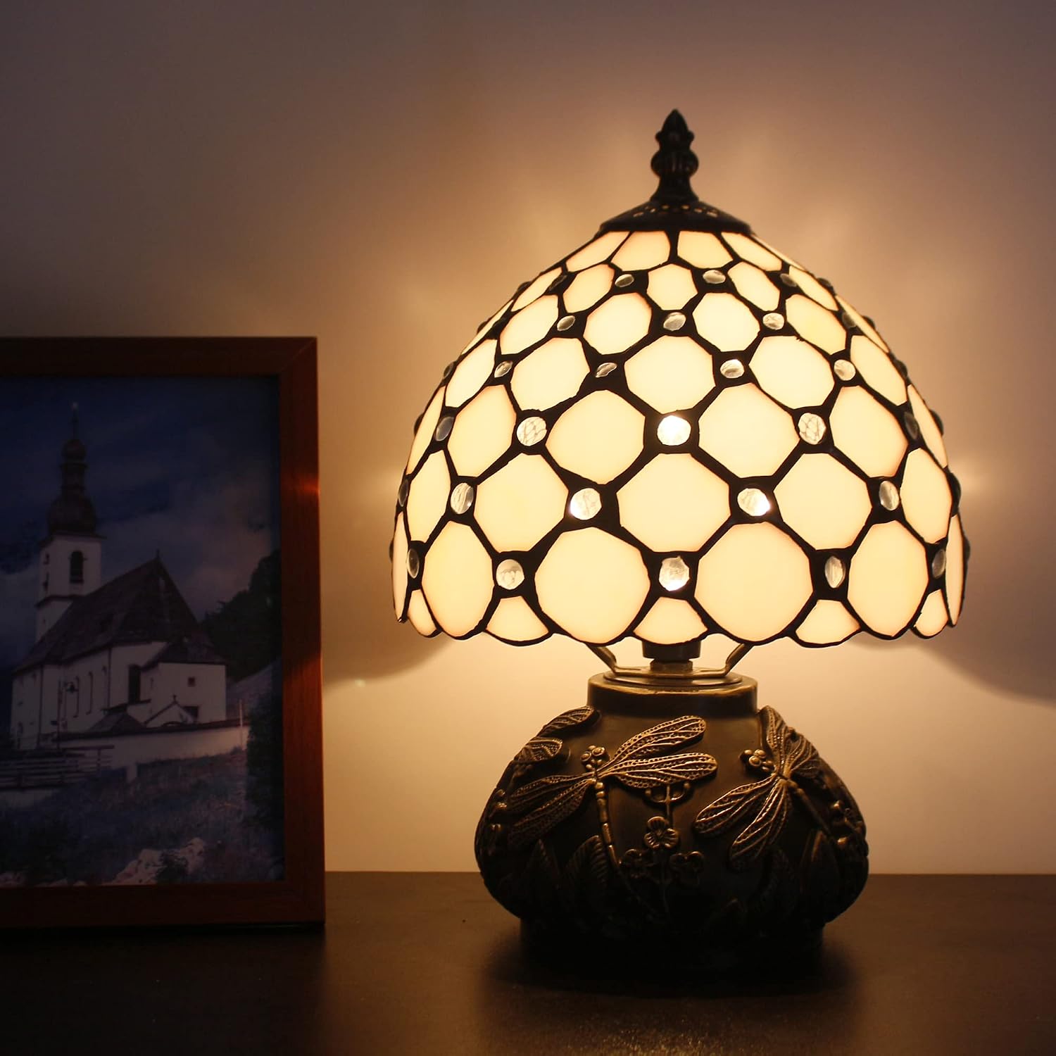 Small Tiffany Lamp Mini Stained Glass Table Lamp Cream Pearl Beads Style Mushroom Desk Light Memory Sympathy Lamp 8X11 Inch