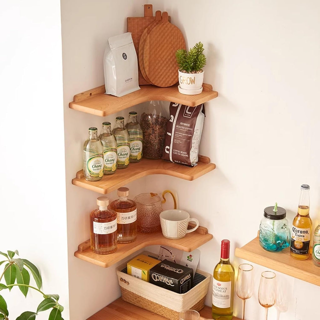 Solid Wood Wall Shelves, Floating Corner Shelves, Wall Mounted Décor for Home Decor, Bedroom, Living Room, Bathroom, Kitchen, Office,