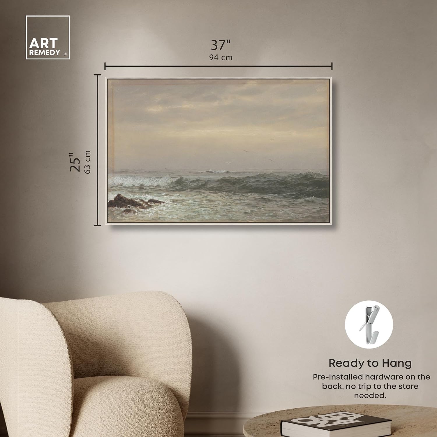 Art Remedy Rocks and Breaking Waves Canvas Coastal Classic Art, Silver Frame, 36' x 24'