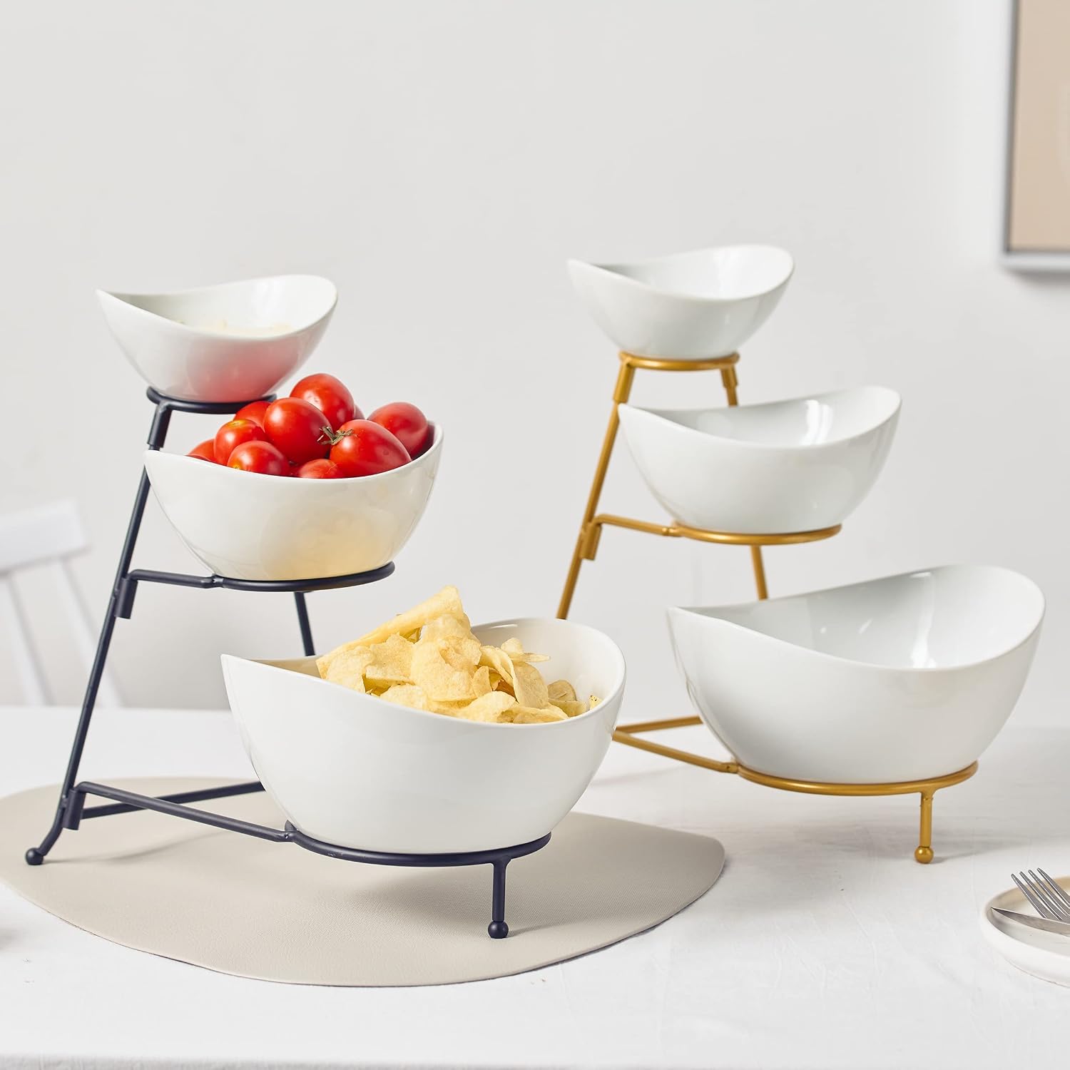 Gomakren Serving Bowls with Handles, 15/28/47 oz and 3 Tiered Oval Serving Bowl With Collapsible Metal Rack and 3 Tier Serving Trays Stand 14 Inches White Platters