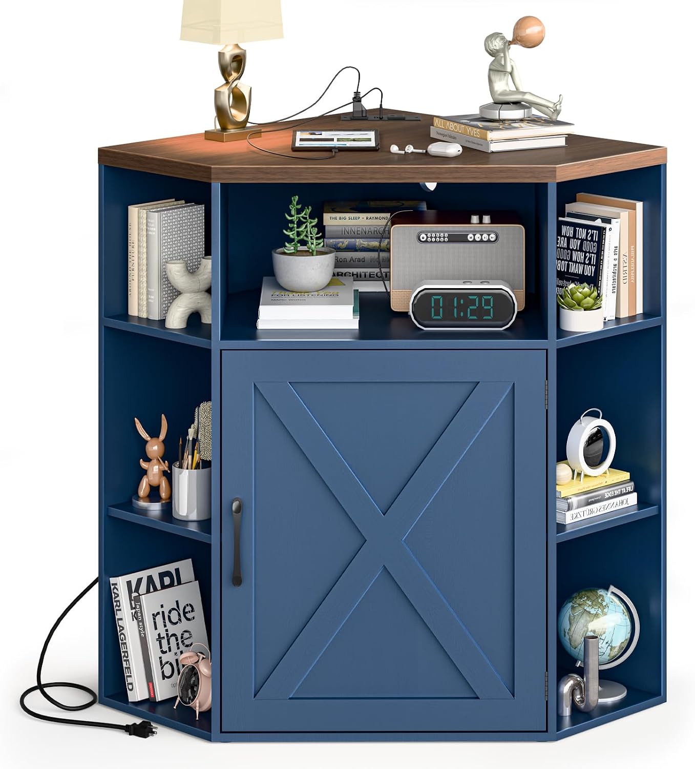 Halitaa Corner Storage Cabinet, Farmhouse Corner Bookshelf with Storage 6-Cubby Wooden Cabinet with USB Ports and Outlets Industrial Organizer for Small Space, Study, Playroom, Blue and Brown