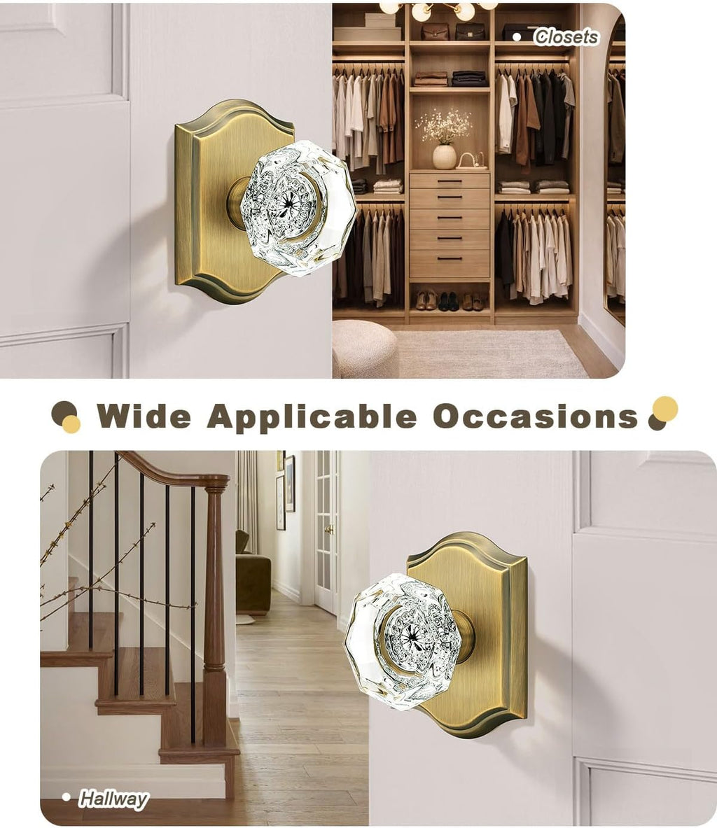 Gobrico Heavy Duty Crystal Glass Door Knobs 6 Pack,Passage Function for Interior Room,Keyless Snowflake Crystal Door Handles for Hall Closet Pantry,Antique Brass Finish
