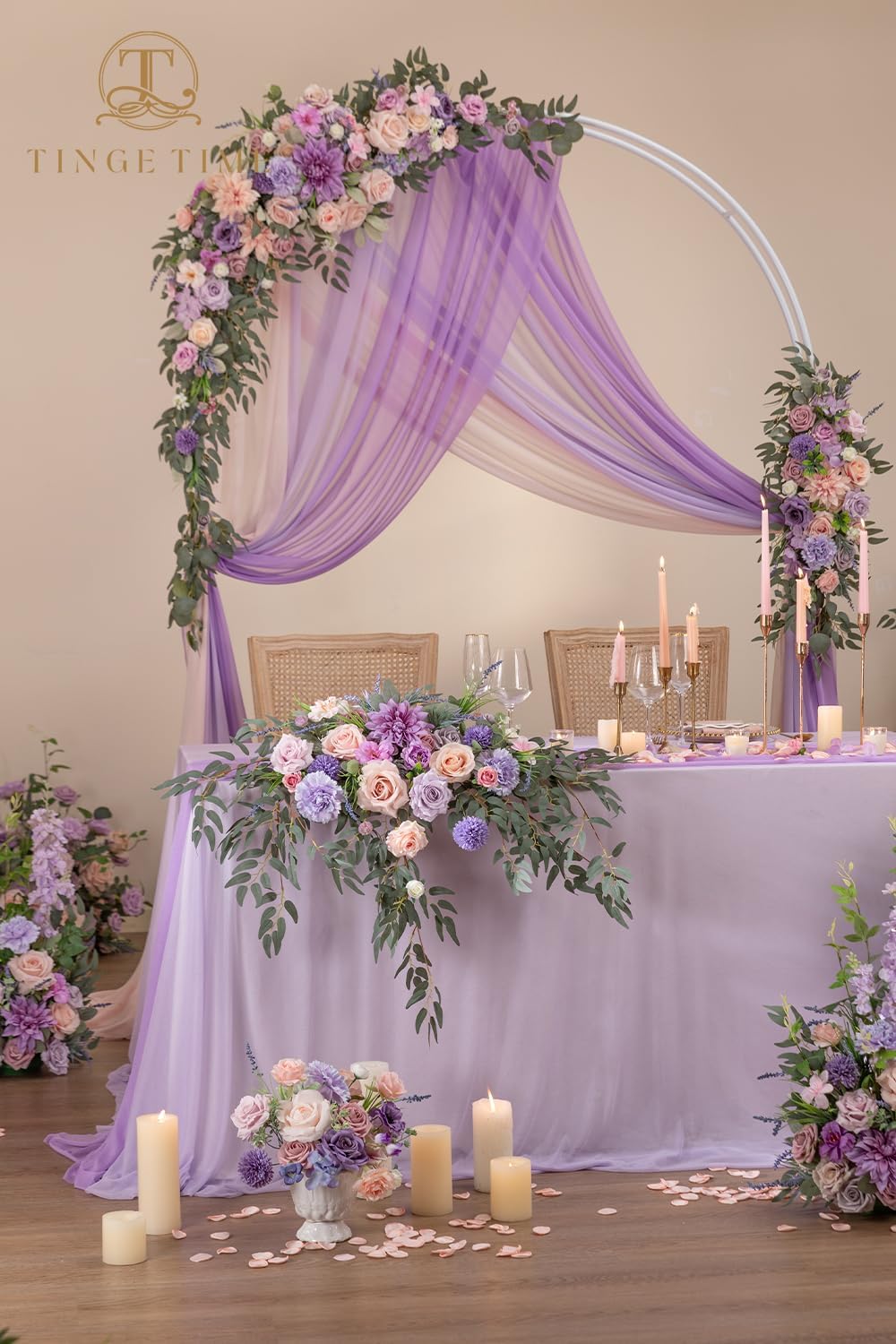 TINGE TIME Artificial Sweetheart Flower Swag with Tablecloth and Table Runner, Pack of 3 Floral Arrangement for Wedding Sweetheart Table Centerpiece Decoration (Violet & Misty Rose)