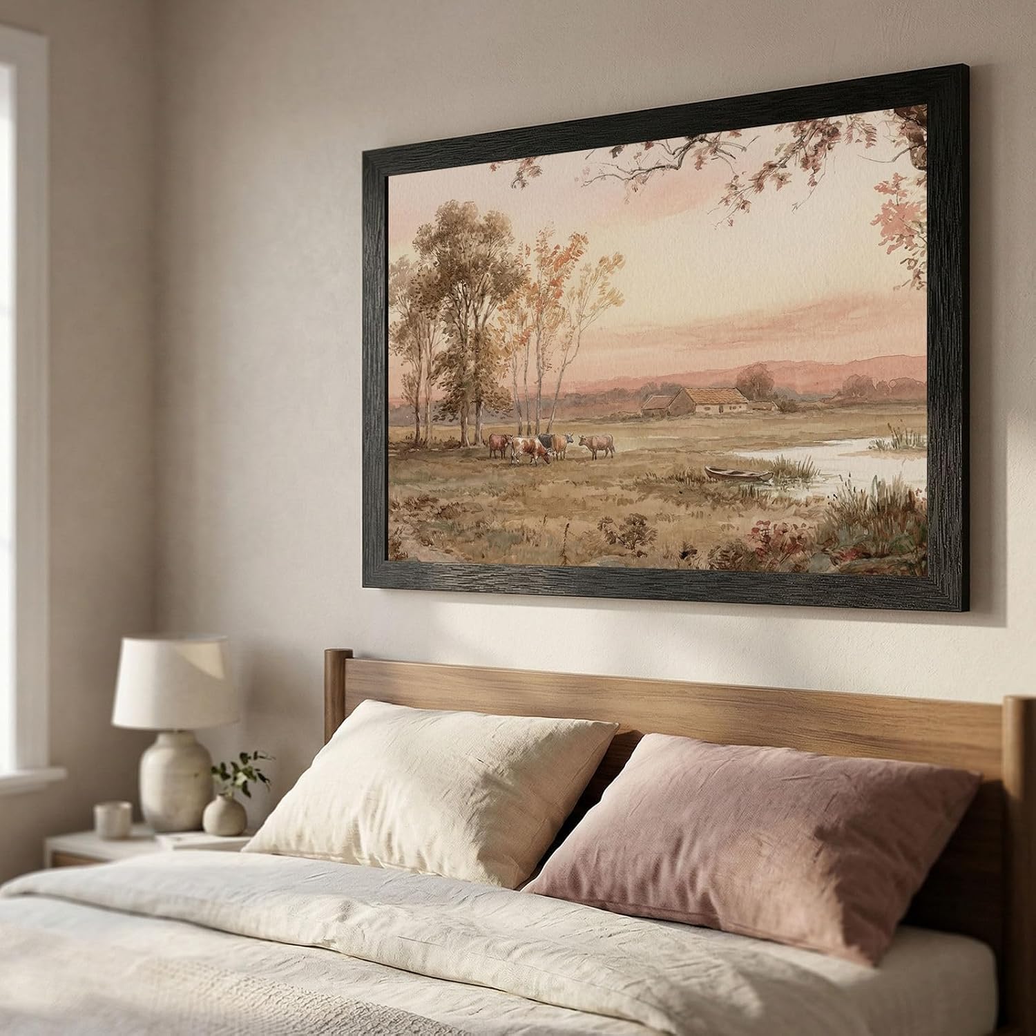 Framed Pastoral Landscape Wall Art, Black Frame Textured Finish, 19th-Century Style Watercolor Meadow at Dusk with Grazing Cattle and Elm Trees, Serene Countryside Home Decor - 24x36 Inch