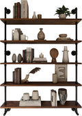 Industrial Pipe Wall Shelves Pipe Shelving with Real Wood Plank ,48 Inches Floating Shelves for Wall Farmhouse Pipe Book Shelves Dark Brown 5 Tier for Kitchen,Living Room Decor and Bar Shelving