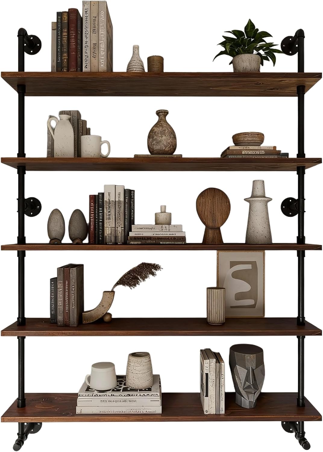 Industrial Pipe Wall Shelves Pipe Shelving with Real Wood Plank ,48 Inches Floating Shelves for Wall Farmhouse Pipe Book Shelves Dark Brown 5 Tier for Kitchen,Living Room Decor and Bar Shelving