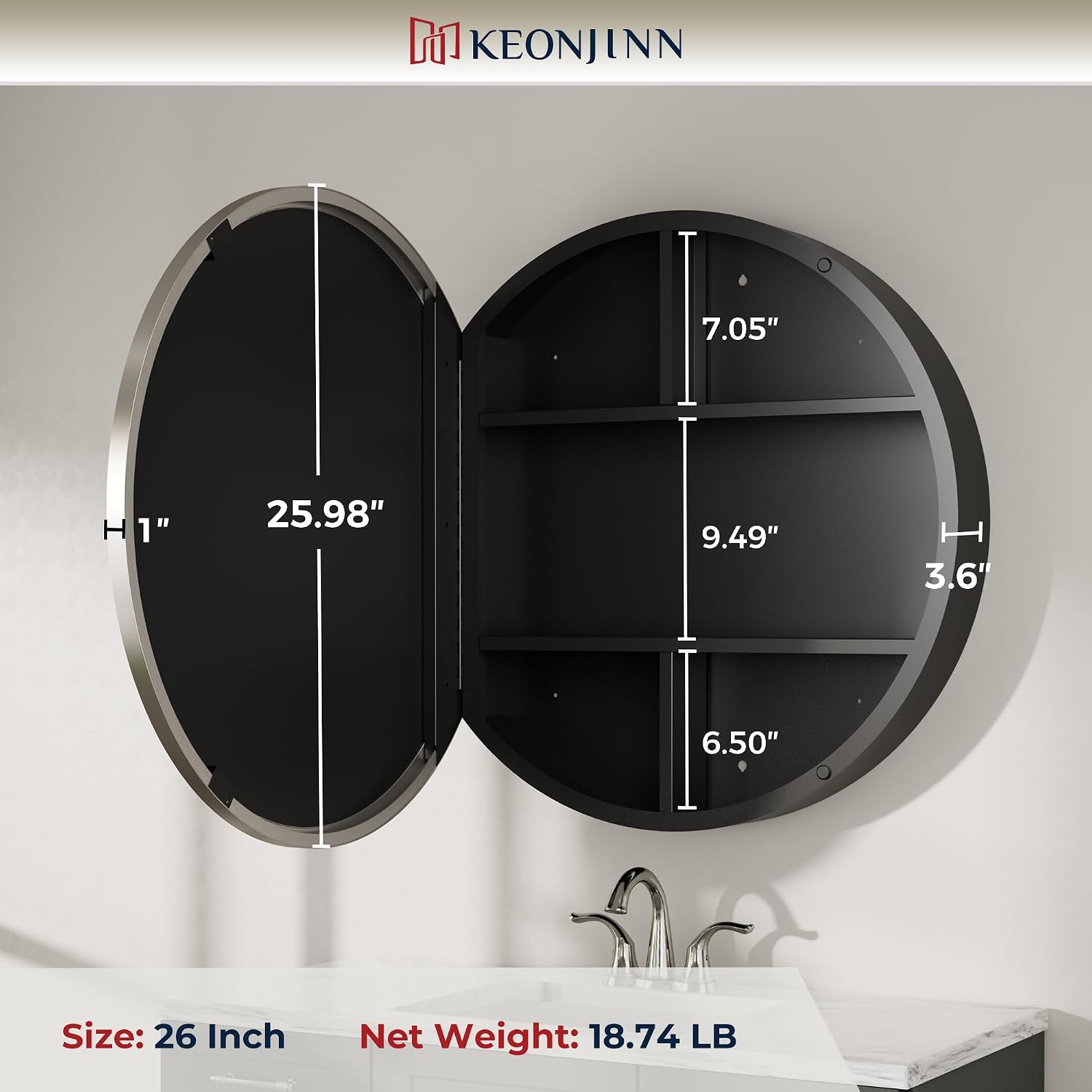 Keonjinn Round Brushed Nickel Medicine Cabinet Mirror for Bathroom, 26 Inch Surface Mount Medicine Cabinet with Mirror, Circular Framed Mirrored Medicine Cabinets, Modern Cabinet with Vanity Mirror