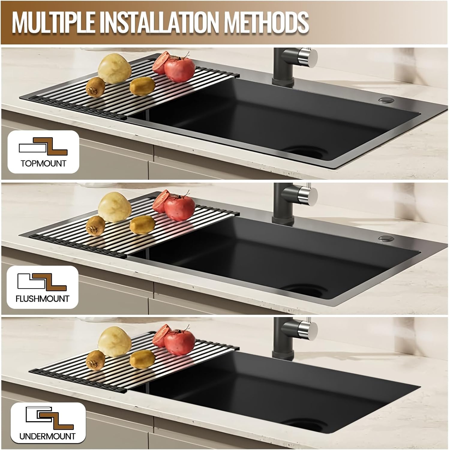 Stainless Steel Kitchen Sink, Small Single Bowl Sink, Topmount Compact Bar/Utility Sink With Tap Hole, Overflow & Drainer Kit, For Bar, Pub, RV, Campervan, Basement, Outdoor Use(Black,55x45cm)