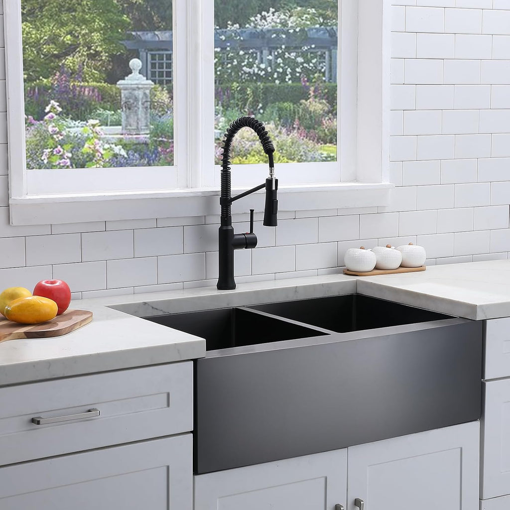 SHACO 33 Inch Double Bowl Divided 50/50 Black Farmhouse Sink, 33x21 Gunmetal Black Stainless Steel Undermount Apron Front Farm Kitchen Sink