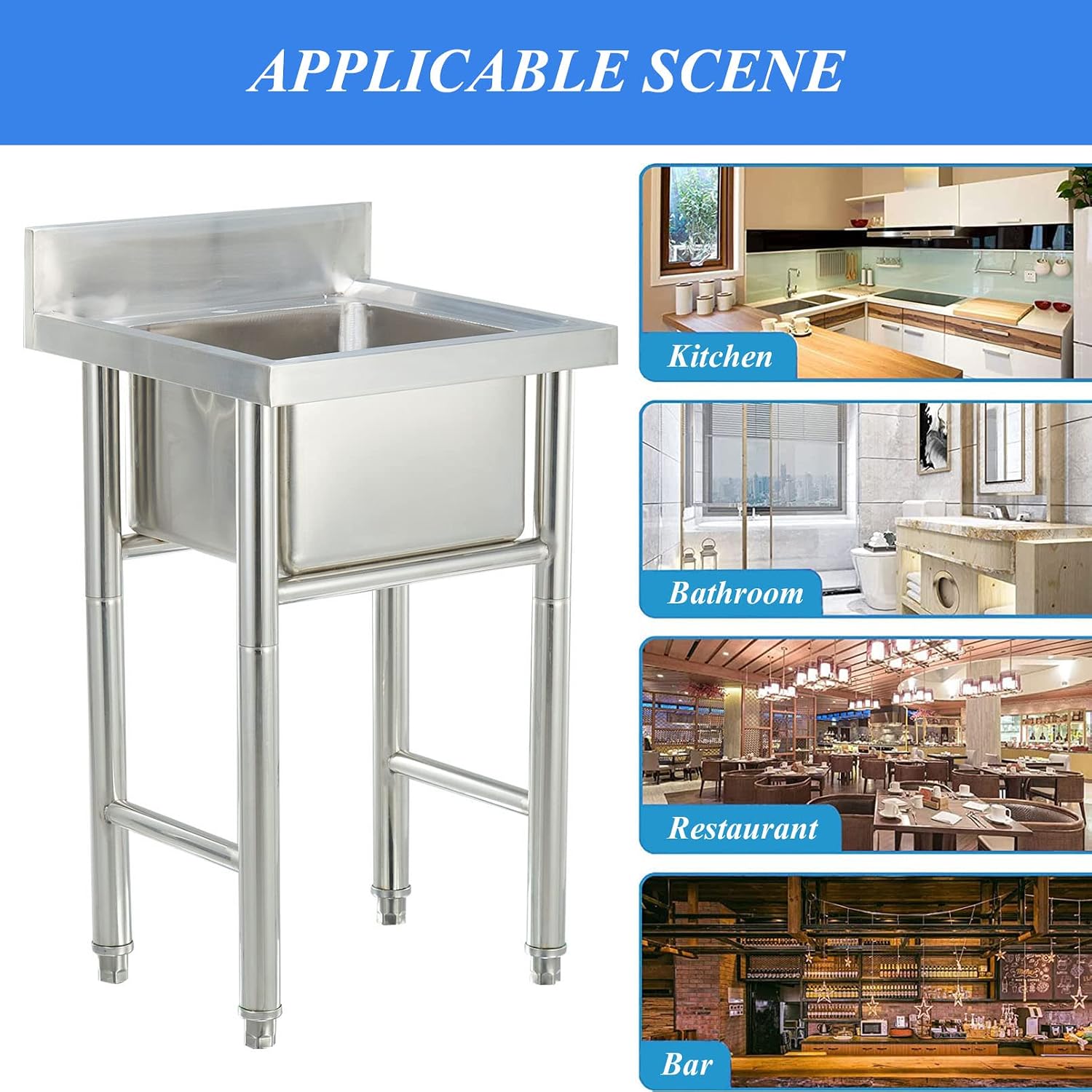 Stainless Steel Prep Utility Sink 1 Compartment Commercial Kitchen Sink with Faucet and Back Splash, Free Standing Utility Prep Single Bowl Sink for Restaurant, Laundry, Garage