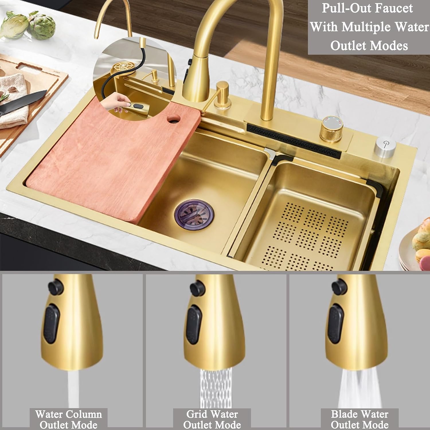 Waterfall Kitchen Sink Top-Mount Stainless Steel Kitchen Bar Sink Nano Single Bowl Sink Multi-Function Workstation Sink with Pull-Out Faucet, 2 Drain Basket(