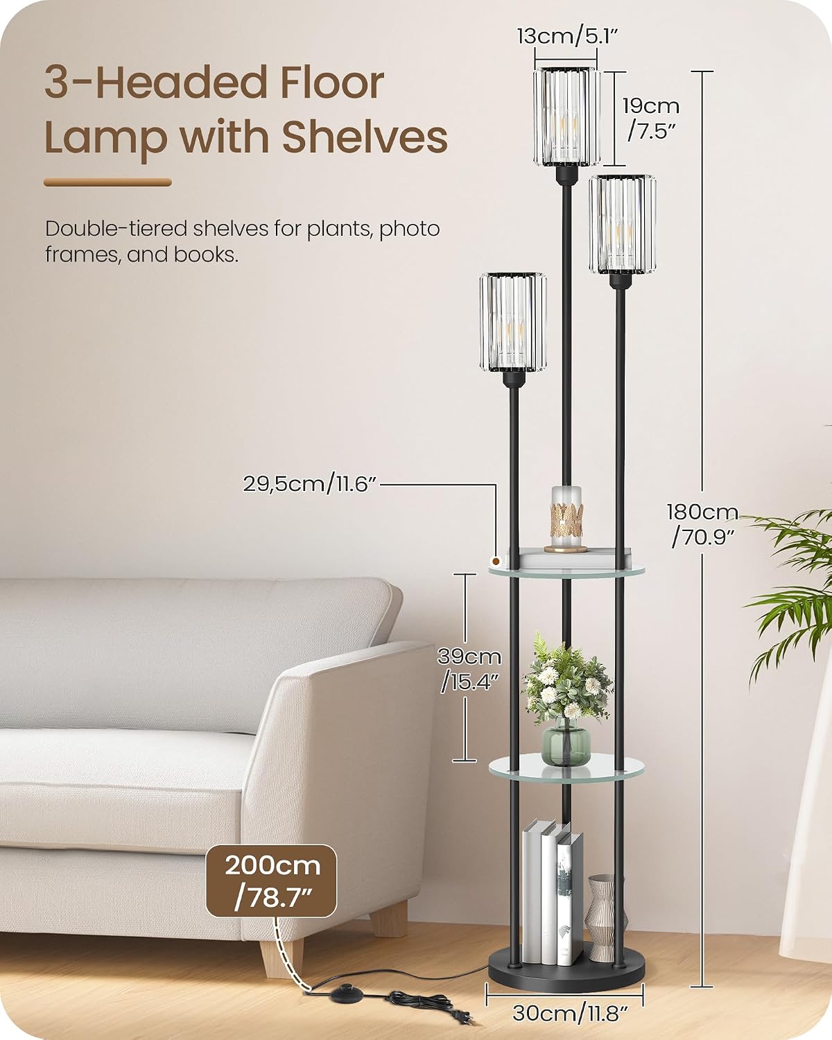 Black Floor Lamp with Shelves, Modern Floor Lamp with 3 Crystal Shades and Foot Switch, 3-Light Standing Lamp, for Living Room, Bedroom, Study, Office, Black B53LD05