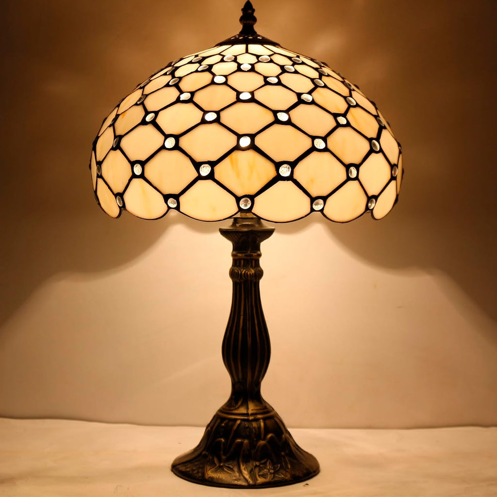 WERFACTORY Tiffany Lamp Cream Amber Stained Glass Bead Table Lamp Desk Bedside Reading Light 12X12X18 Inches Deco Bedroom Living Room Home Office S005 Series