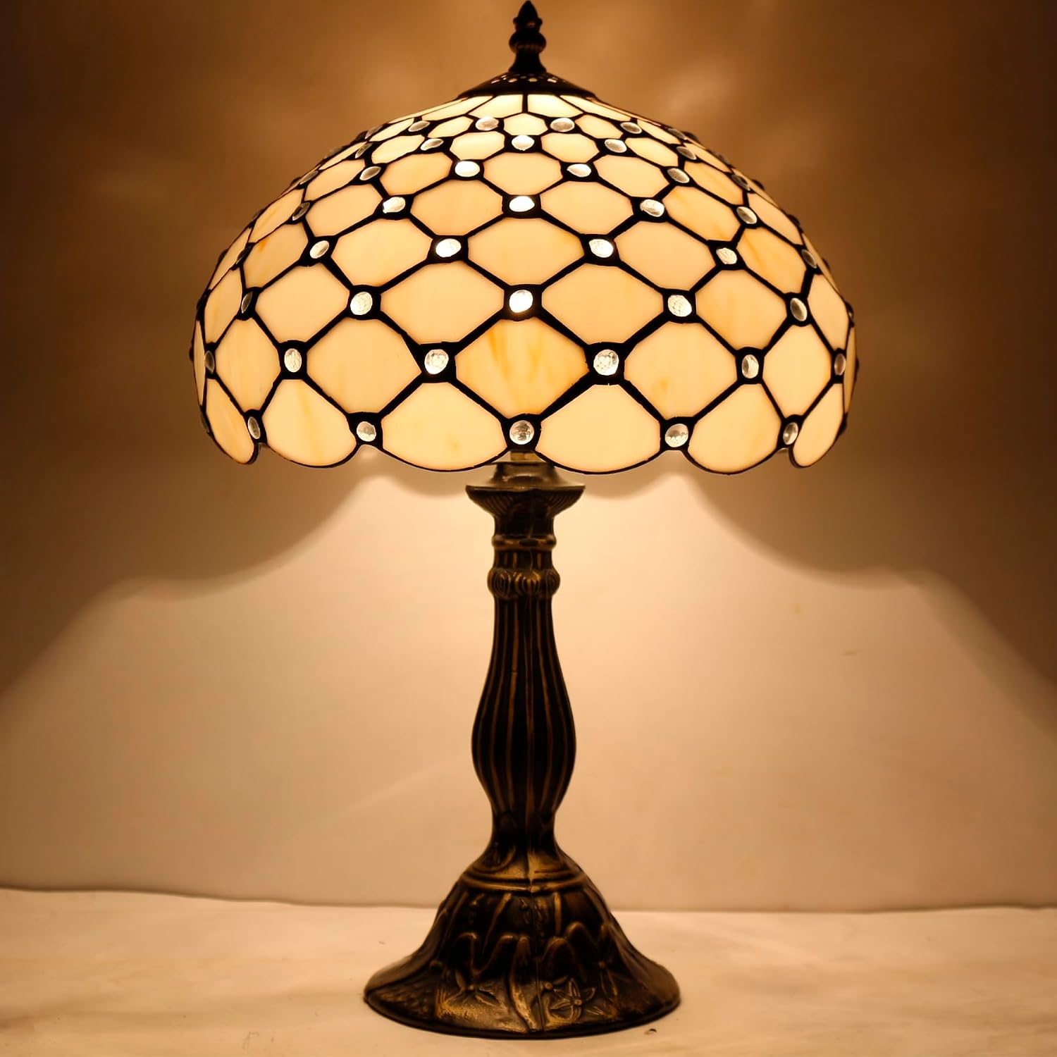 WERFACTORY Tiffany Lamp Cream Amber Stained Glass Bead Table Lamp Desk Bedside Reading Light 12X12X18 Inches Deco Bedroom Living Room Home Office S005 Series