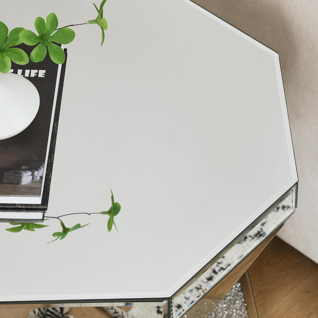 Drum End Table with Mirror Crystal, Silver Decorative Table, Modern Design Luxury Furniture, 20 inch for Living Room