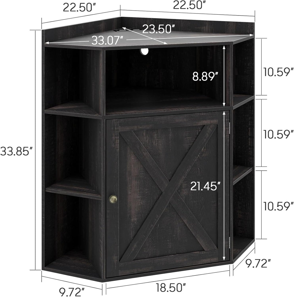 Halitaa Corner Storage Cabinet, Farmhouse Corner Bookshelf with Storage 6-Cubby Wooden Cabinet with USB Ports and Outlets Industrial Organizer for Small Space, Study, Playroom, Living Room