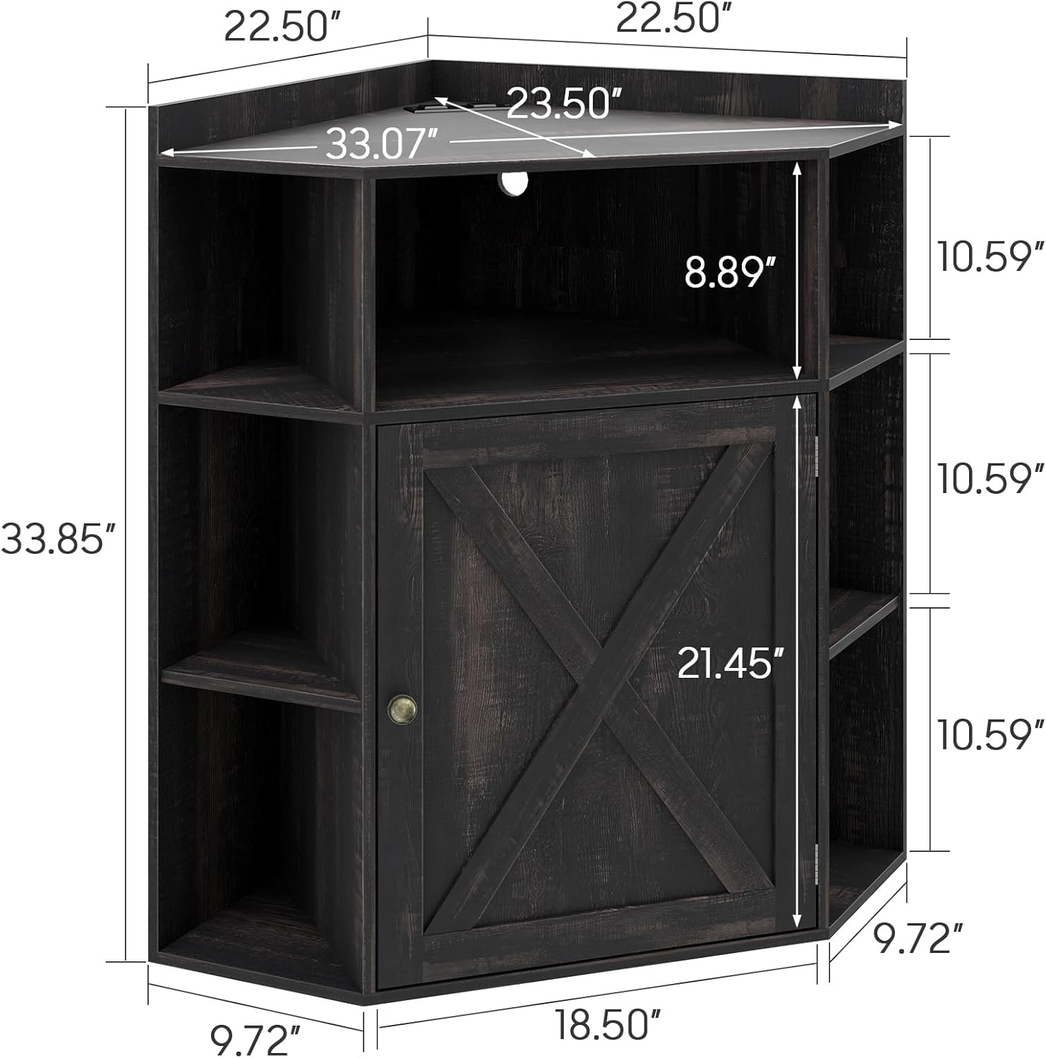 Halitaa Corner Storage Cabinet, Farmhouse Corner Bookshelf with Storage 6-Cubby Wooden Cabinet with USB Ports and Outlets Industrial Organizer for Small Space, Study, Playroom, Living Room