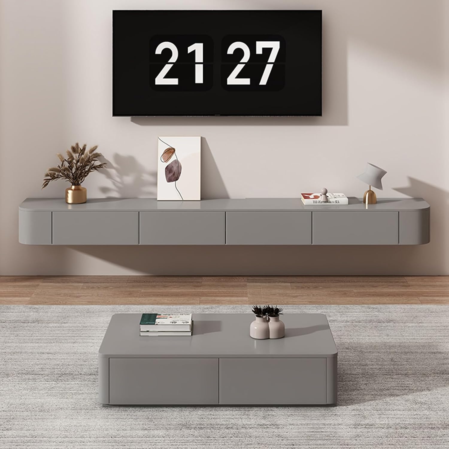 Floating TV Stand - Wall Mounted Media Console with 2 Drawer, Floating Entertainment Center TV Cabinet, Wall Mounted Audio/Video Shelf for Home Room (Grey, 110.24x7.87x9.45IN)