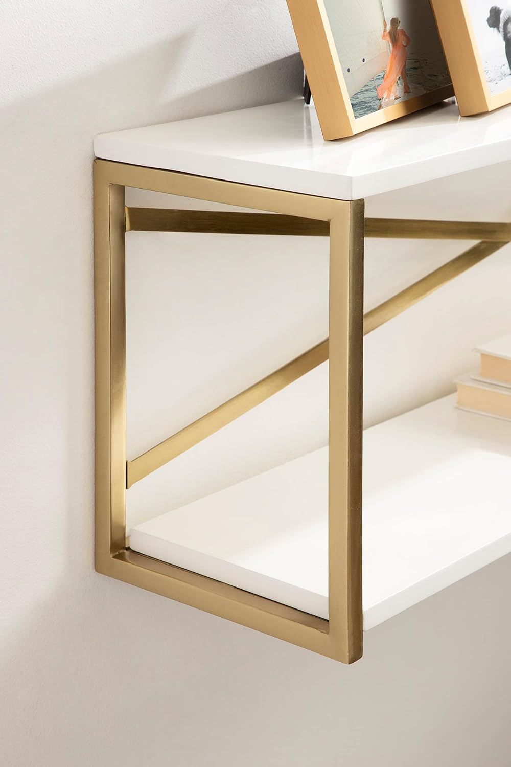 Kate and Laurel Ascott Modern Glam Rectangle Floating Shelf; 36 x 12; White and Gold; Versatile 2-Tier Wide Wall Shelf for Living Room or Bedroom Display or Storage