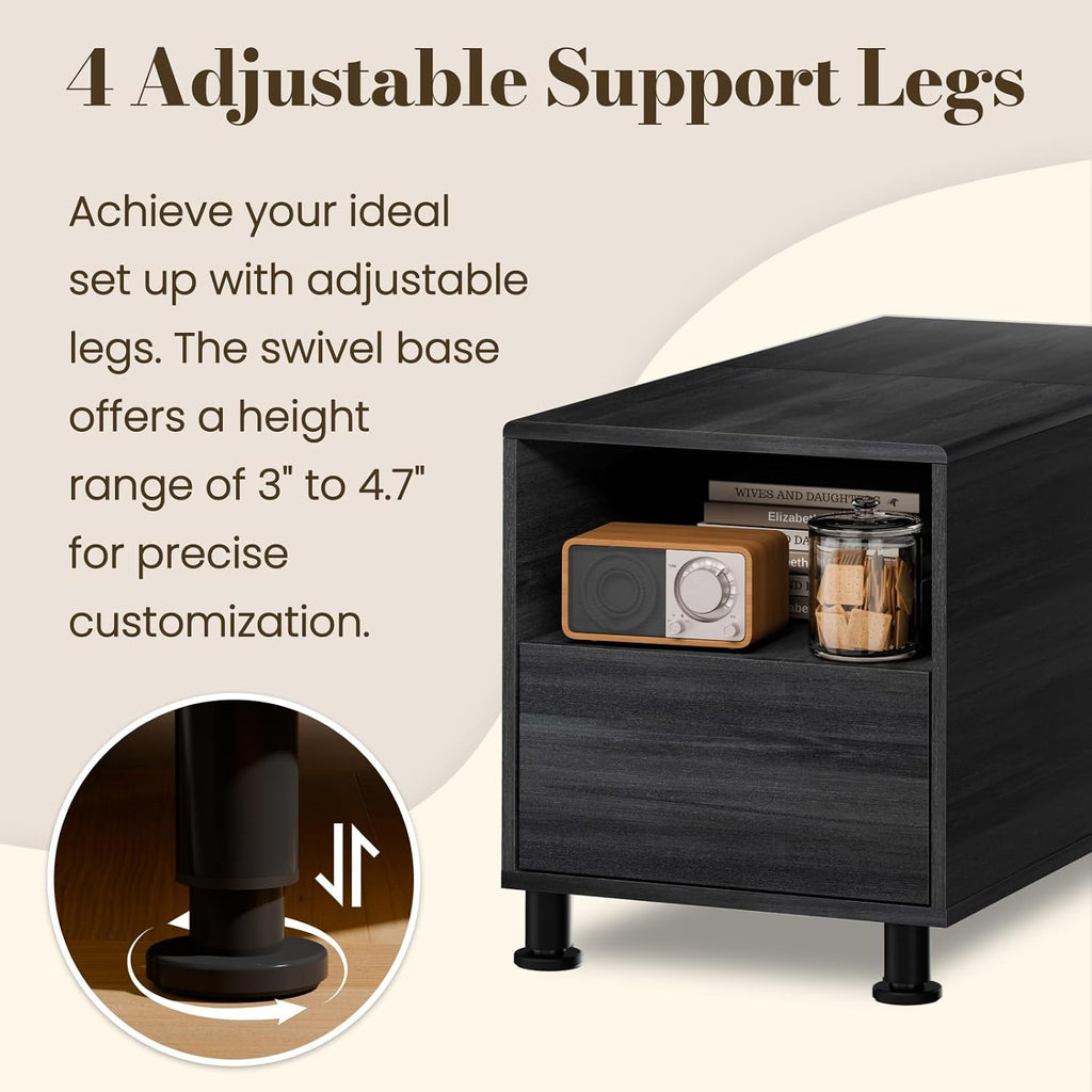 Rresyet Narrow Height Adjustable End Table for Couch with Storage, Drawer & Open Shelf, 15.8' Modern Side Table for Modular Sectional Sofa, for Living Room, Bedroom, Office (1, Black)