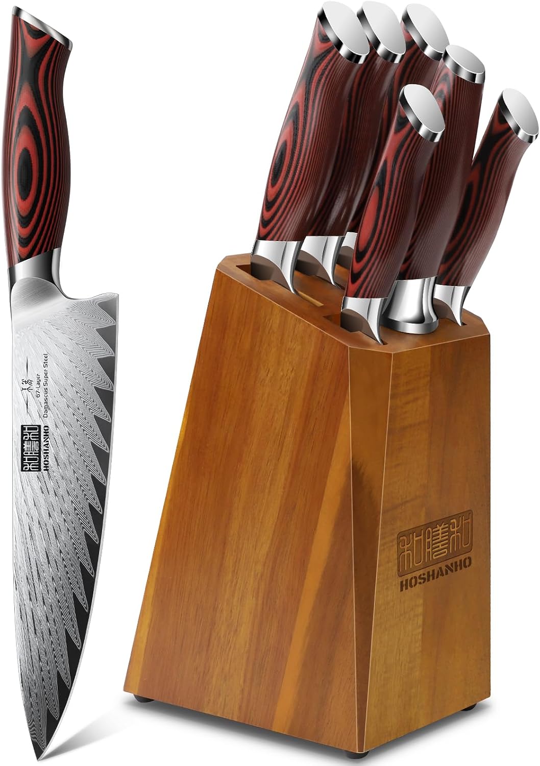 HOSHANHO Kitchen Knife Set with Block, 7 Pieces Chef Knife Set 67 Layers Damascus Steel Professional Knife Set for Cooking, Ergonomic G10 Handles with Sharpener