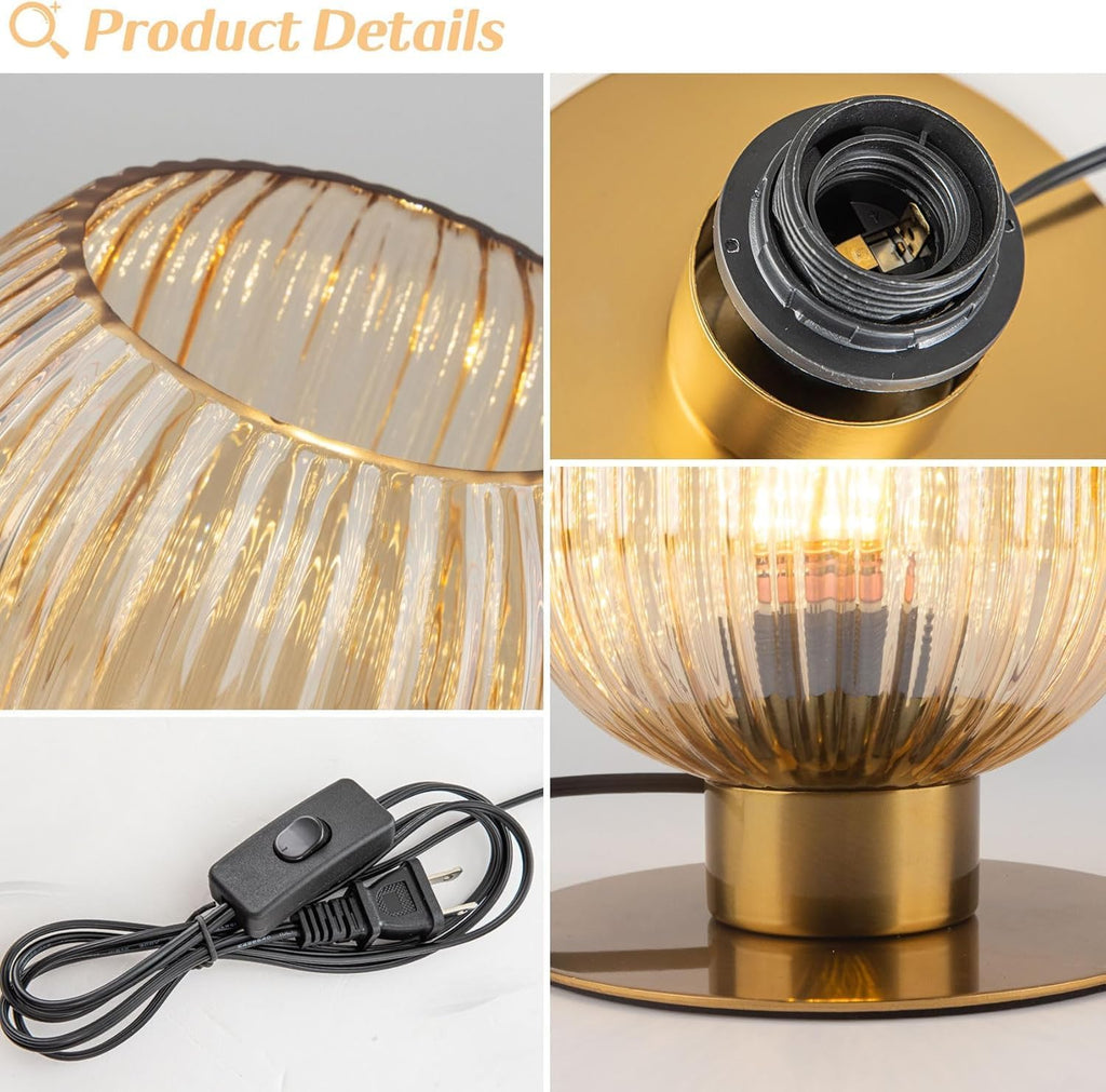 Table Lamp for Bedroom Nightstand Set of 2, Midcentury Modern Table Lamp Living Room Small End Table lamp, Amber Glass Bedside Lamp Gold Bedside Lamp with On/Off Switch on Plug in Cord