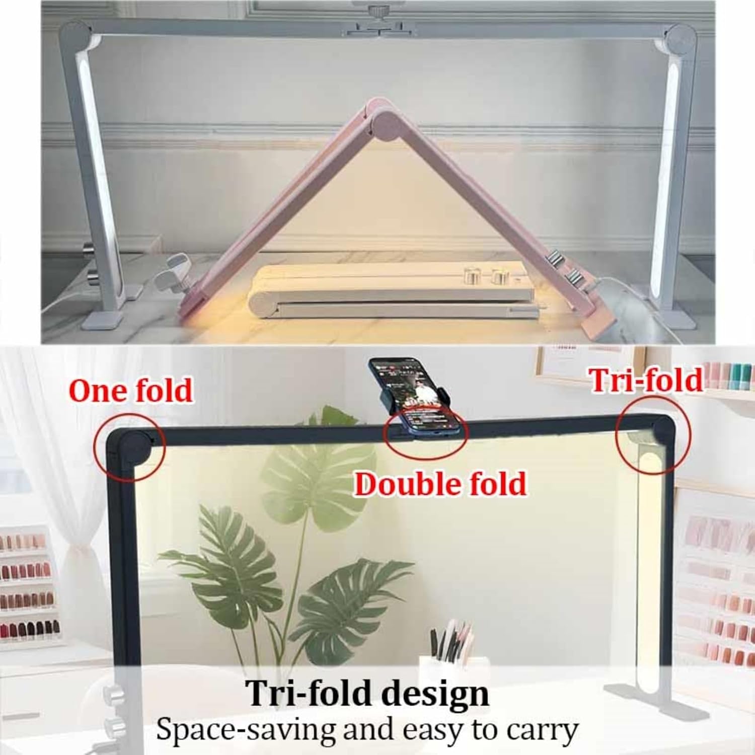 Foldable Nail Light for Desk, LED Manicure Lamp with Phone Holder, Tri-fold Lash Arc Light, 3000-6000K Color Temperature, 48W, 0-100% Adjustable Brightness, Makeup Desk lamp(Gold)
