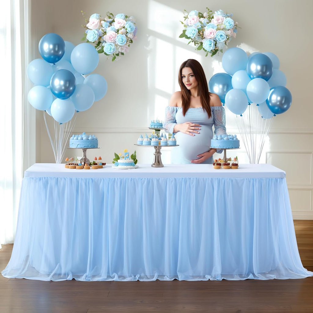 Baby Blue Tulle Tablecloth Table Skirt for 6 Foot Rectangle Tables with Ruffle Tutu Design for Wedding Reception Party Birthday, 6 Pack, 6ft Fitted Spandex Table Cover