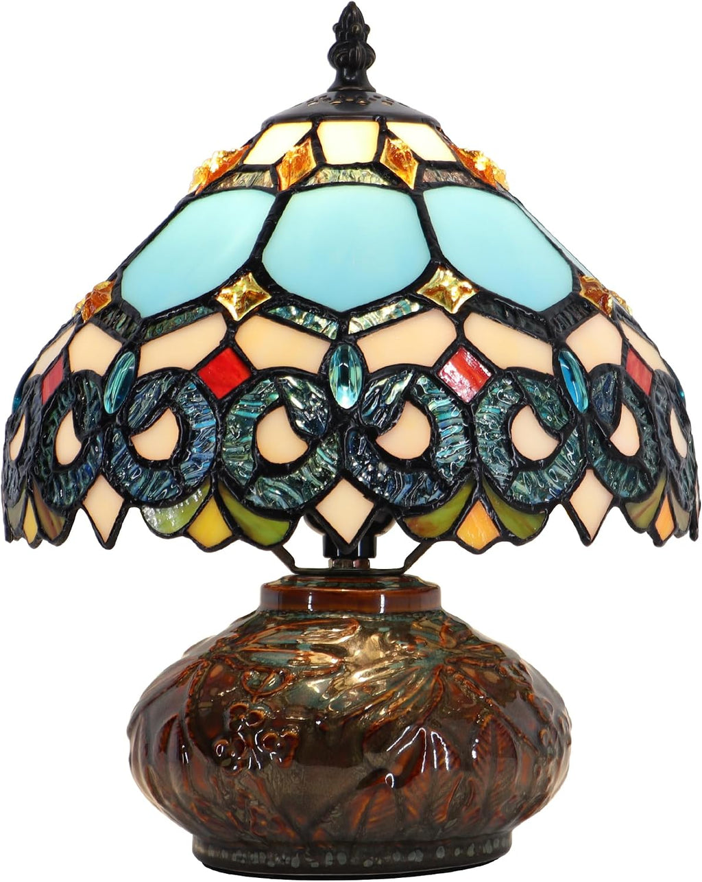 Small Tiffany Table Lamp, 10X10X11 Inch Mini Stained Glass Mushroom Desk Light Memory Sympathy Ceramic lamp (Sapphire Style)