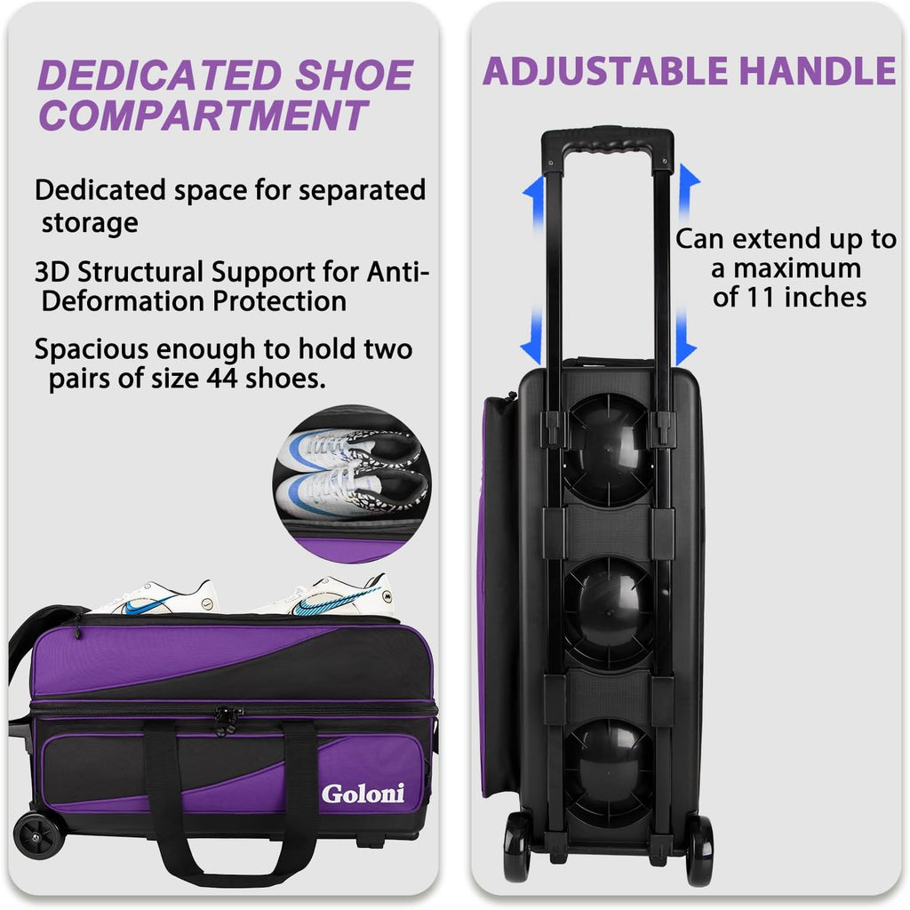 Goloni 3 Ball Bowling Bag with Wheels, Rolling Bowling Roller Bag with Retractable Handle for Balls & Bowling Accessories