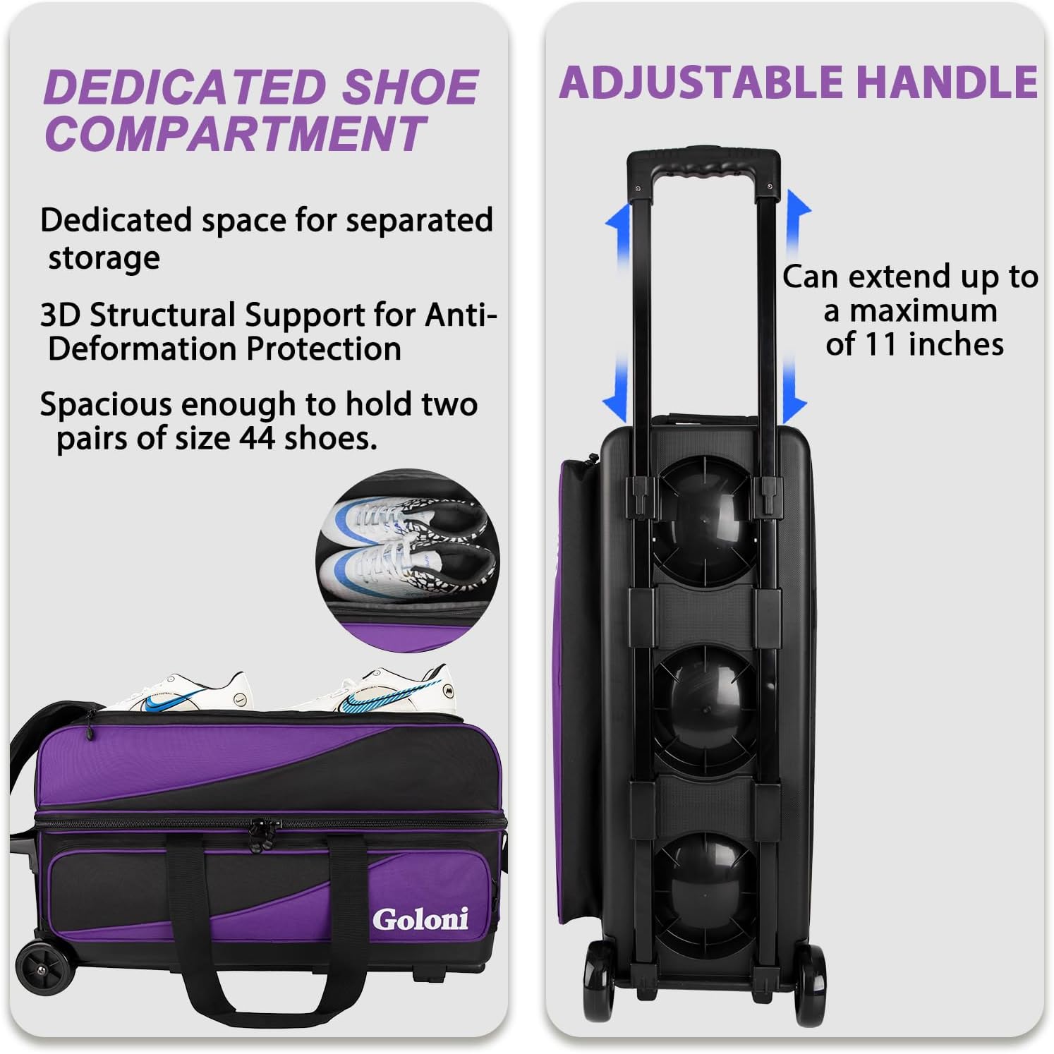 Goloni 3 Ball Bowling Bag with Wheels, Rolling Bowling Roller Bag with Retractable Handle for Balls & Bowling Accessories