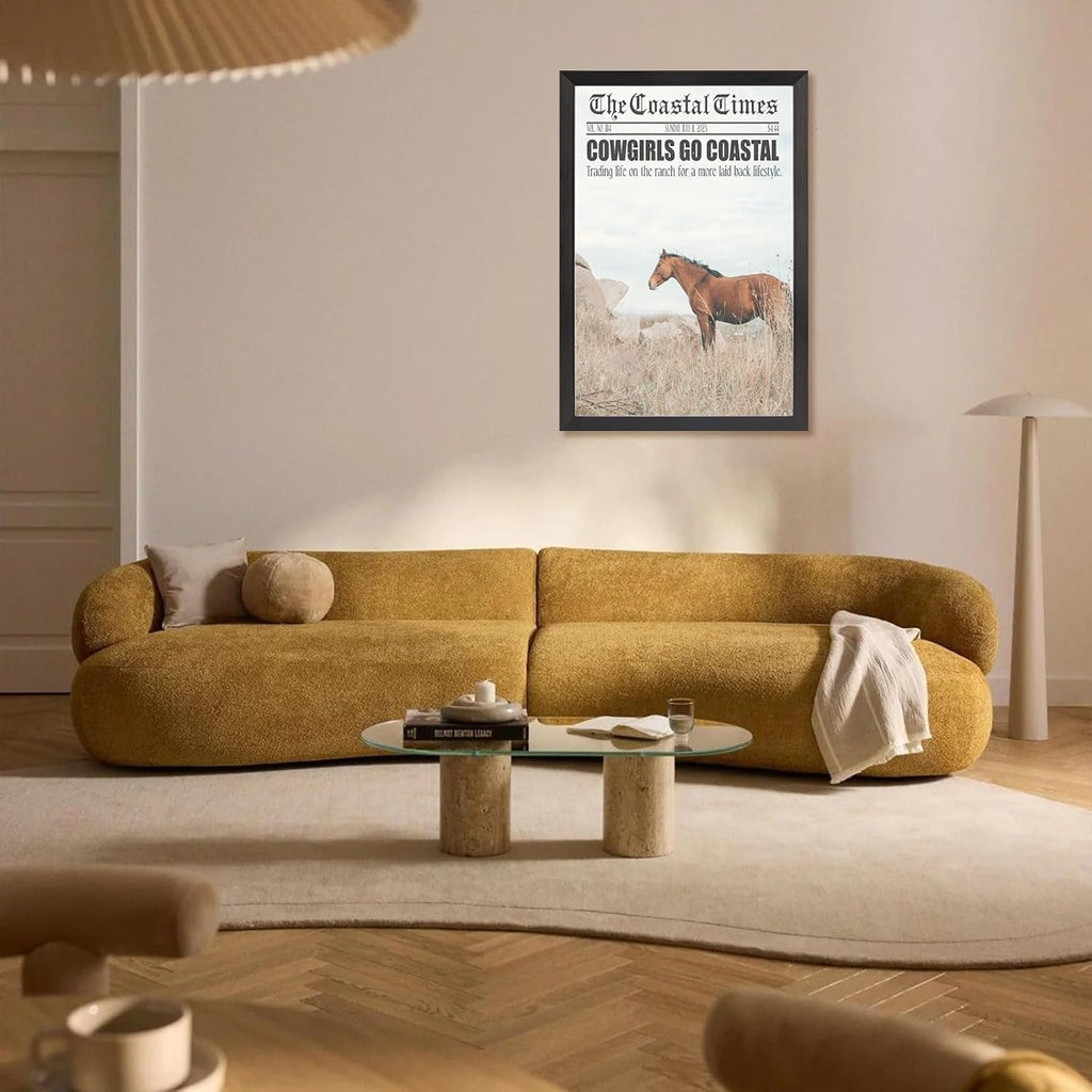 Black Framed Flat Vintage Cowgirls Go Coastal Newspaper Poster Horse Rocks And Coastal Grass Canvas Wall Art Shoreline Prints Painting For Home Bedroom Dorm Wall Decor 24x36in Black Framed Flat