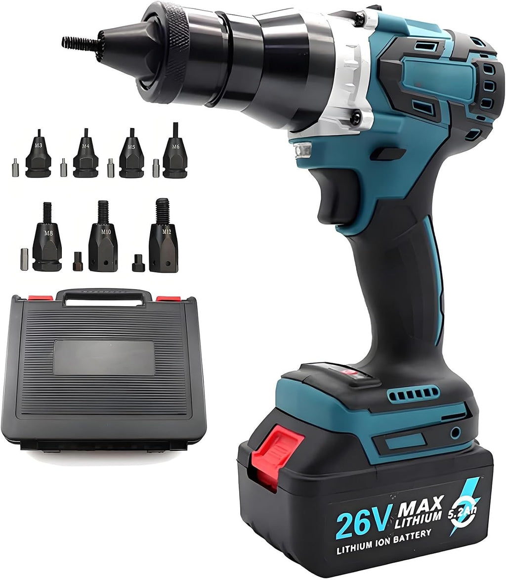 Cordless Rivet Nut Gun Set,Portable Automatic Rivet Gun with M3/M4/M5/M6/M8/M10/M12 Heads 5200mAh Battery Powered Pop Rivet Insert Installation Tool(2x5200mah)