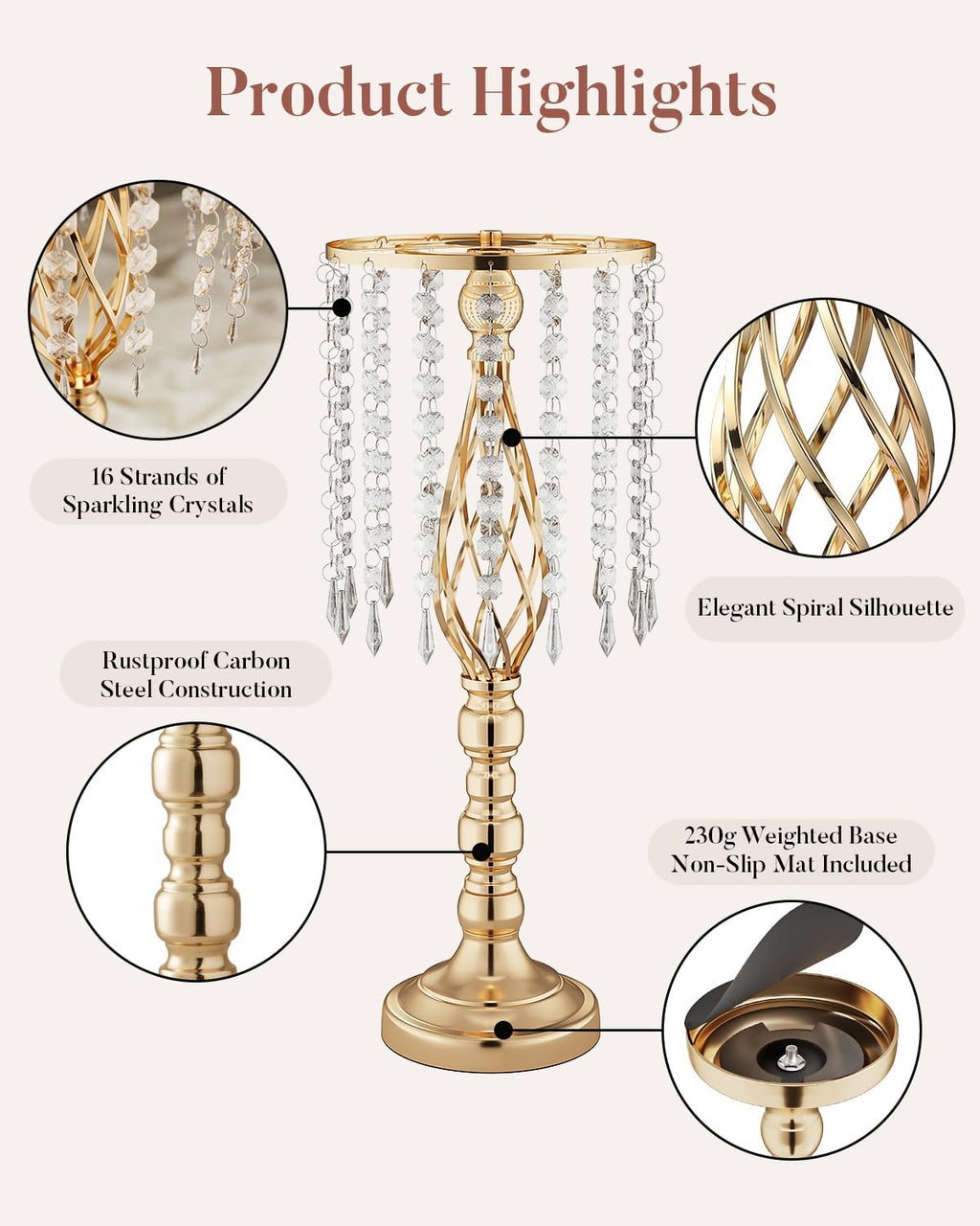 10 Pcs 21.5' Tall Gold Centerpieces for Table, Open Lattice Midsection Trumpet Base Vase Stands with Hanging Crystals, Metal Flower Holders for Wedding Receptions,Parties & Event Decor