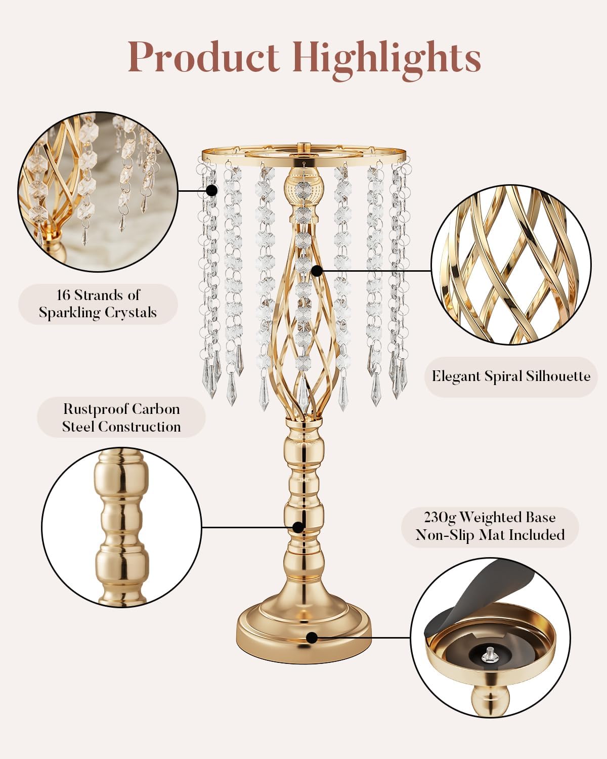 10 Pcs 21.5' Tall Gold Centerpieces for Table, Open Lattice Midsection Trumpet Base Vase Stands with Hanging Crystals, Metal Flower Holders for Wedding Receptions,Parties & Event Decor