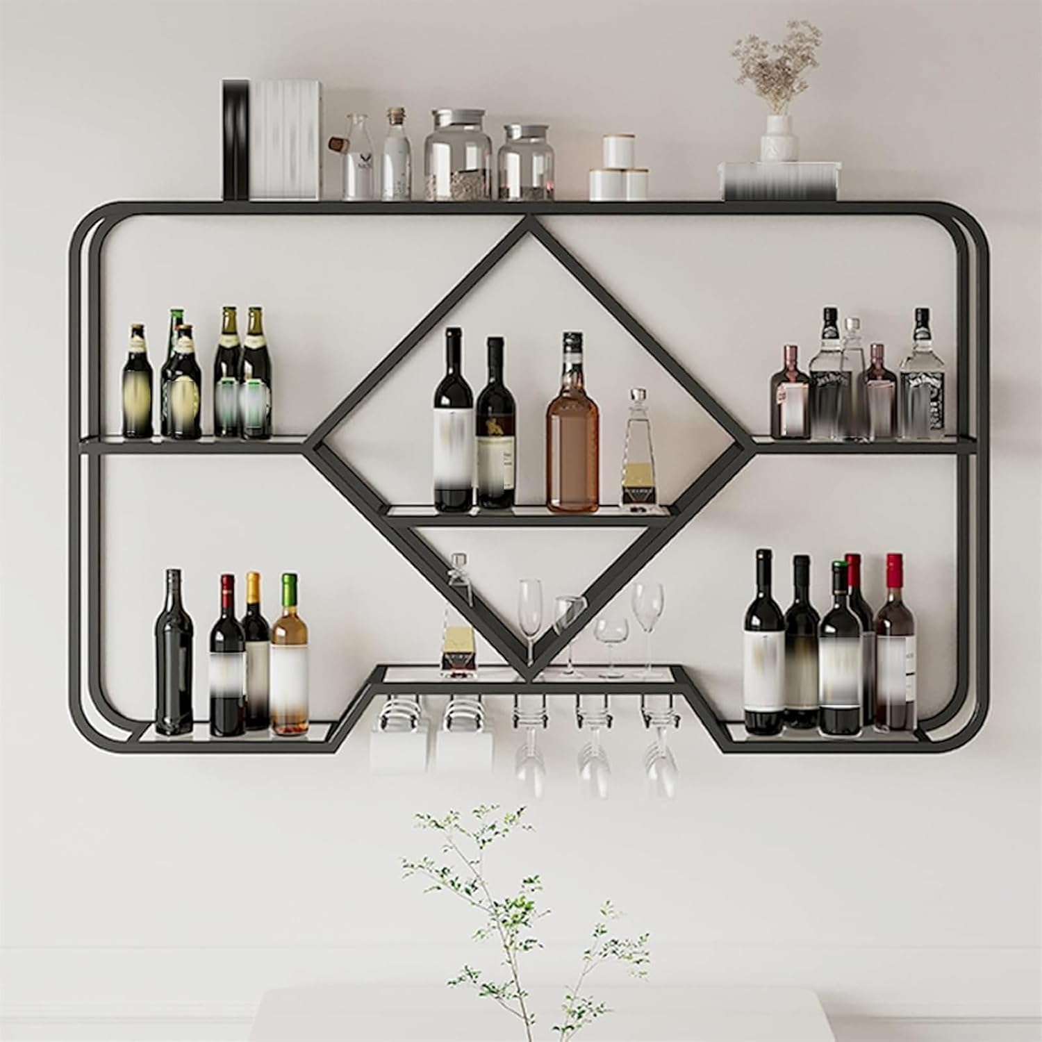Modern Wall Mounted Wine Glass Rack with Floating Shelves for Whiskey Bottles Corner Bar Organizer and Display Shelf Black 120cm