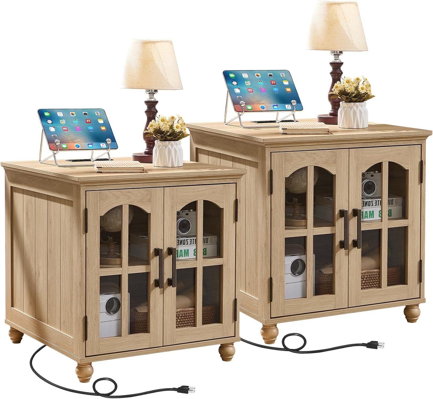 RWYHG Farmhouse 24' End Table Set of 2 with Charging Station, Large Sofa Side Table with Glass Barn Door,Wood Night Stand with Adjustable Storage Shelf,Square Bedside Table for Living Room,Bedroom